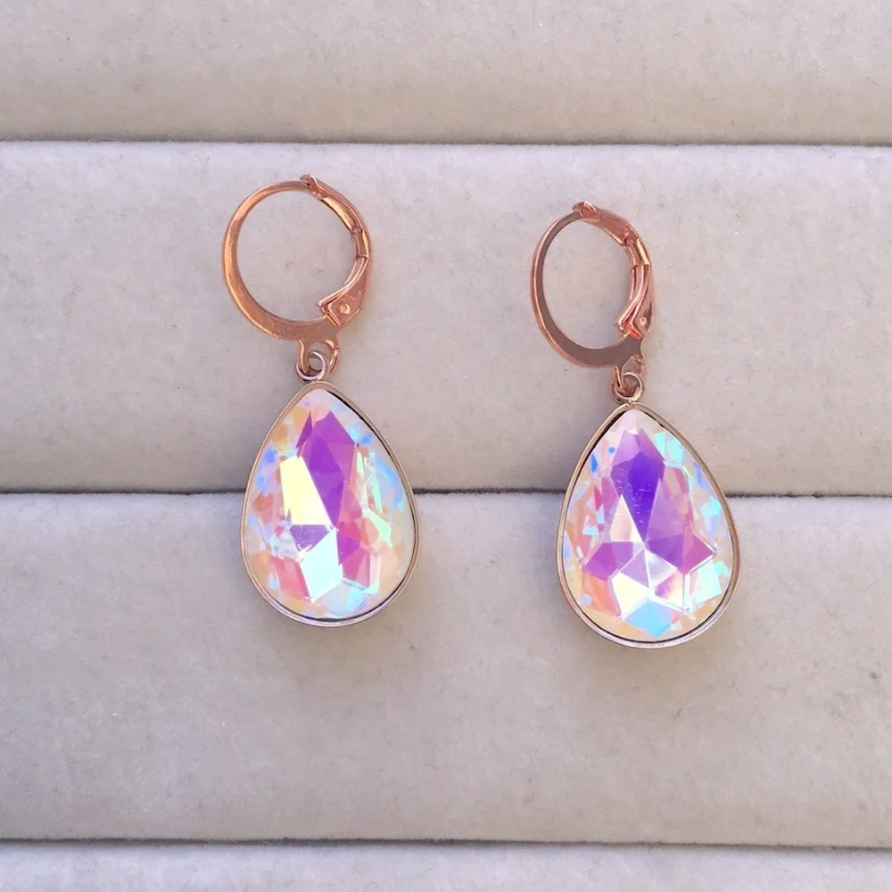 White Aurora Borealis + Rose Gold Crystal Pear Drop Earrings